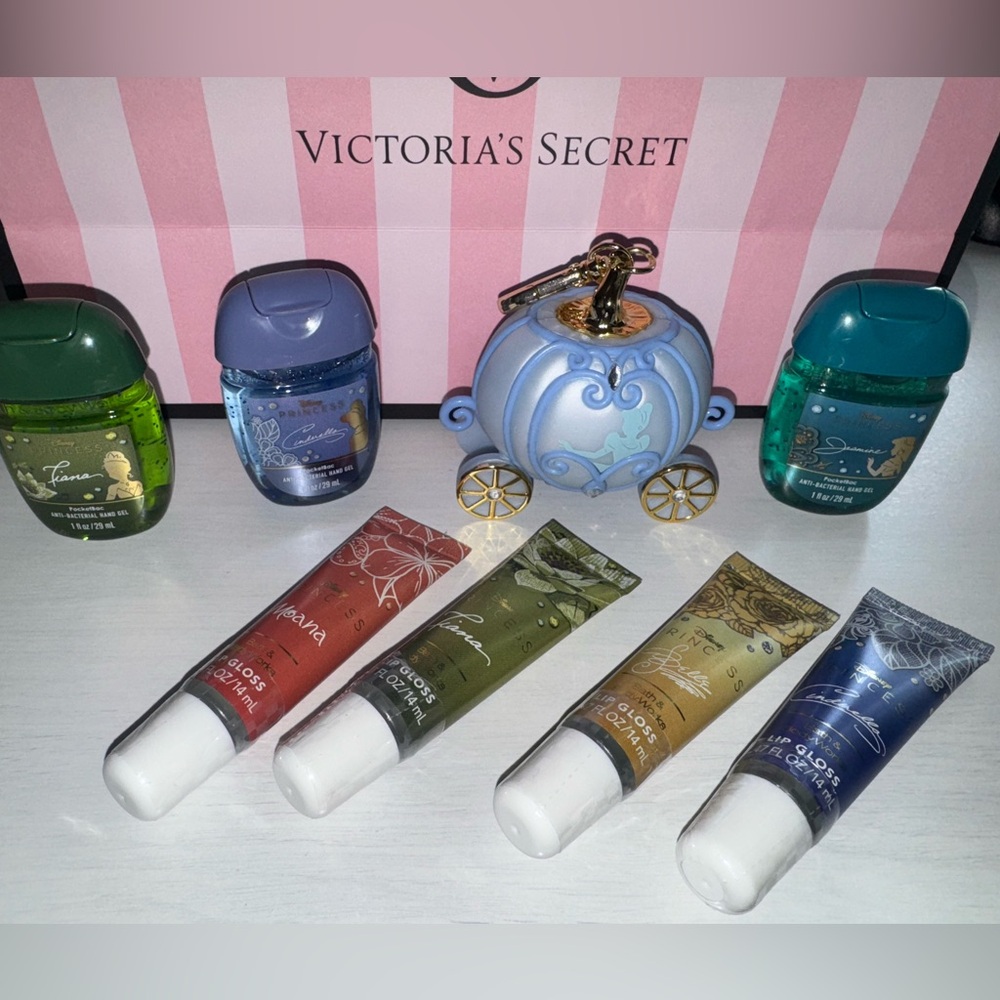 Bath and Body Works Princess Cinderella Hand Sanitizer Holder Lipgloss Bundle